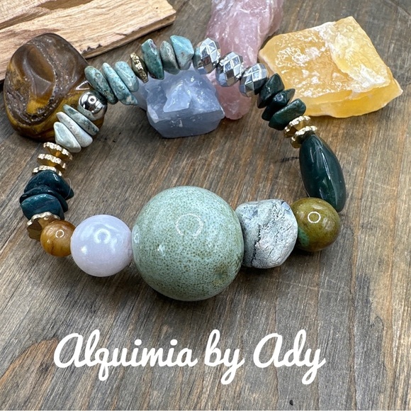 Agate ocean jasper Larimar very chunky beaded bracelet - Picture 1 of 1